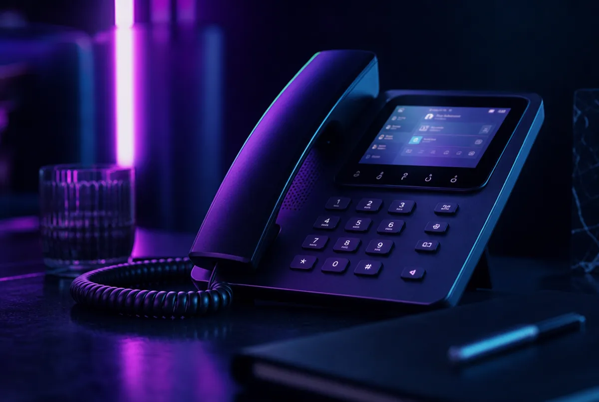 Telefon im Violett-Cyan-Neonlicht, modern und diskret