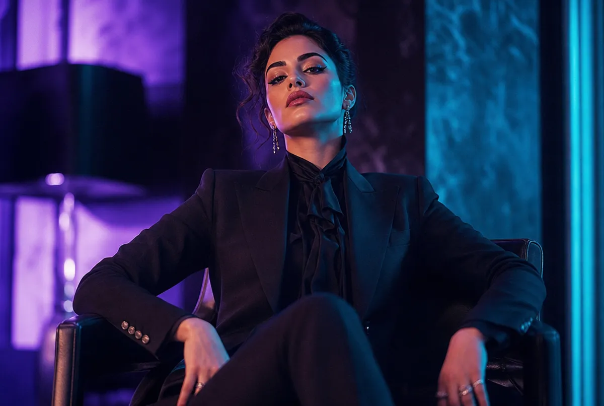 Selbstbewusste glamour&ouml;se Person im eleganten Outfit, Neonlicht