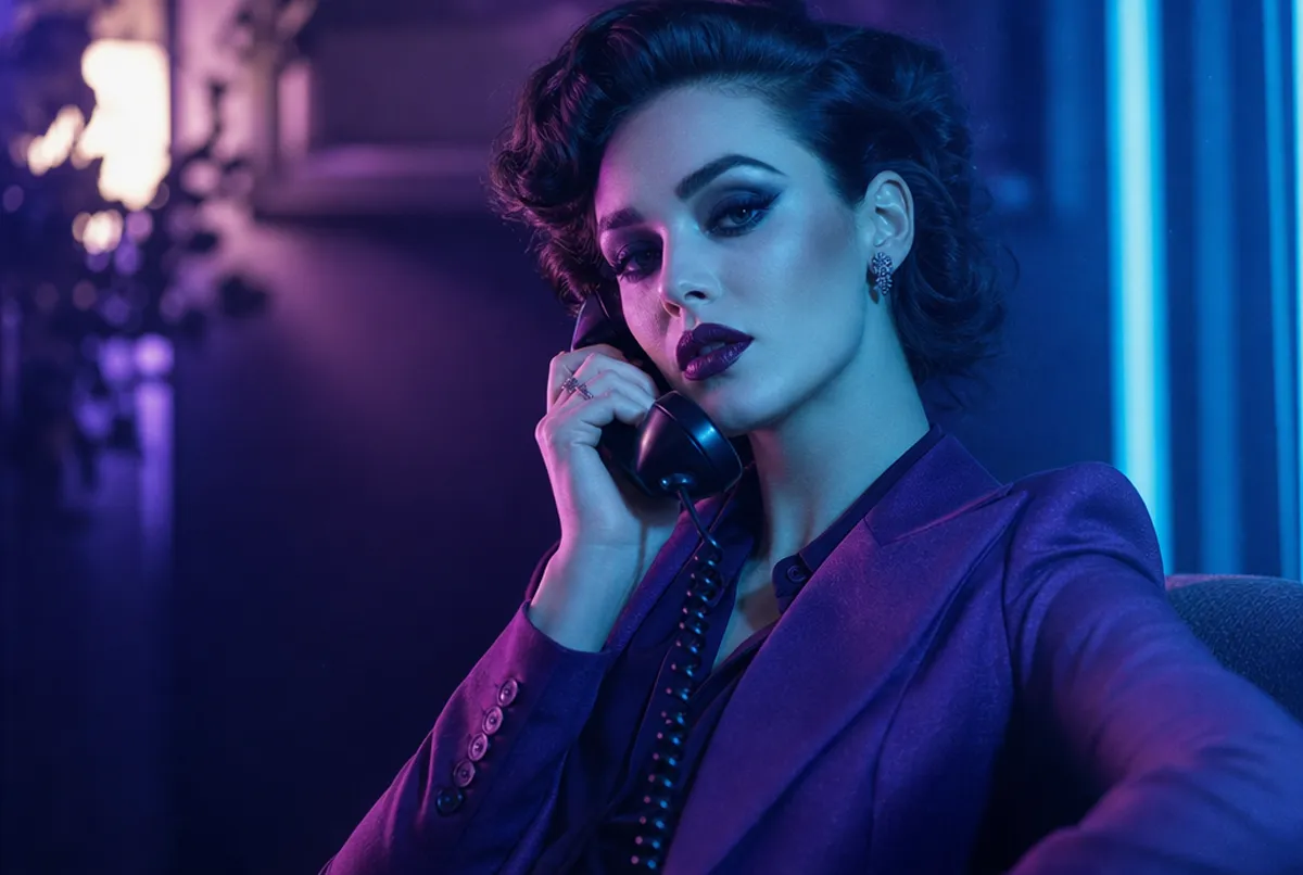 Elegante glamour&ouml;se Person im Violett-Cyan-Neonlicht mit Telefon